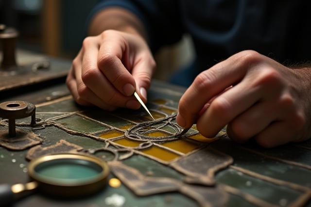 Delicate hands carefully restoring intricate antique stained glass, highlighting the detailed work and specialized tools.